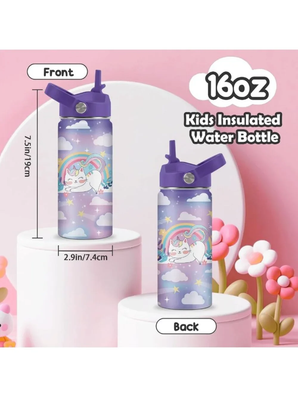 Cute Cat Water Bottle for Kids - 16oz Insulated Tumbler with Straw Lid, Rainbow